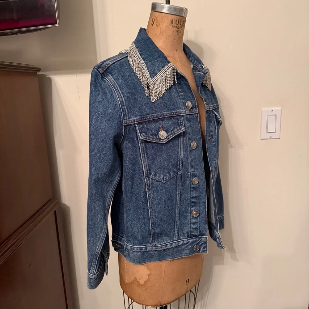 Sandro Noemie Rhinestone Fringe Denim Trucker Jacket - Picture 5 of 9